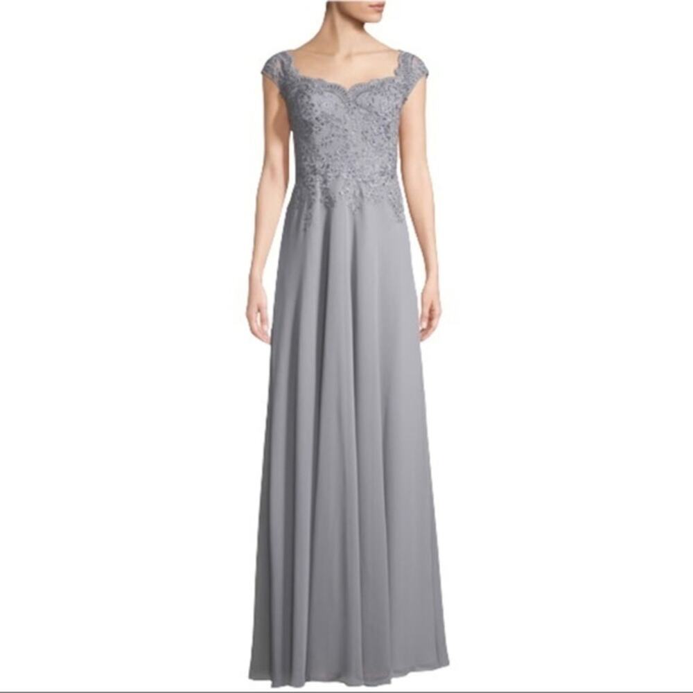 La Femme Silver Crepe Chiffon Embellished Bodice Gown 8 Style 23286 - Picture 2 of 9